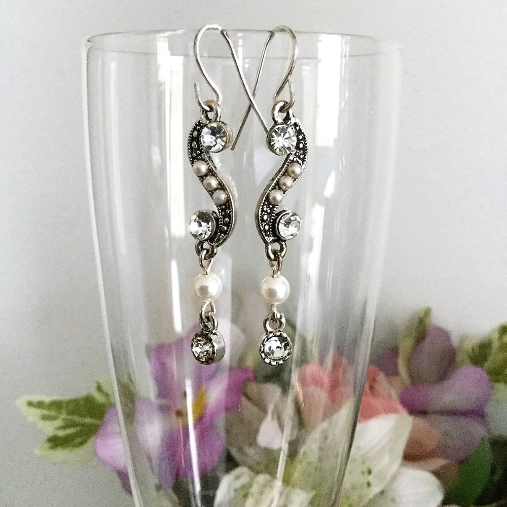 Silver Rhinestone Pearl Earrings - Picture 2 of 5
